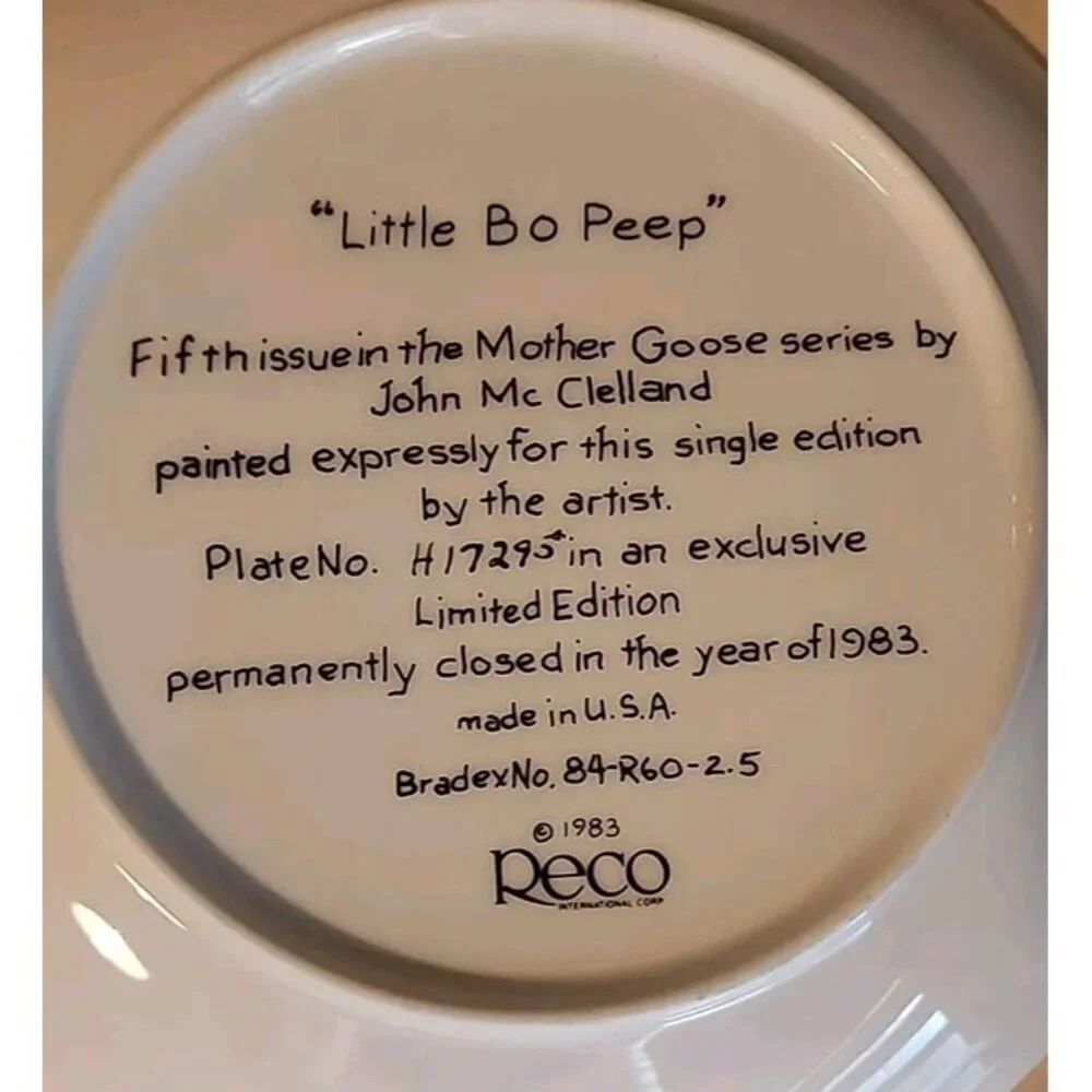 Vtg 1983 Little Bo Peep Collector Plate by John McClelland Mother Goose COA